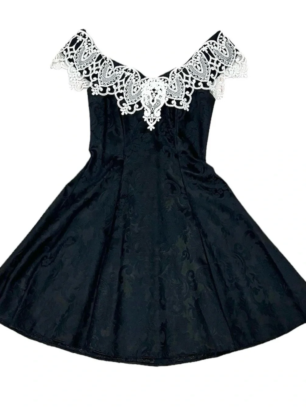 Jessica McClintock Black One-Shoulder Dress with White Lace Appliqué - Picture 5 of 10